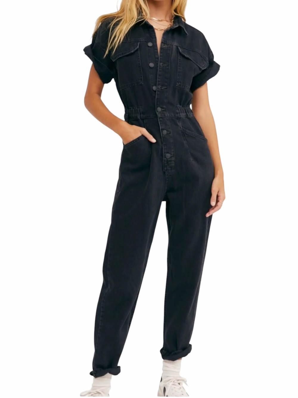 Free People - We The Free Marci Denim Button Up Utility Jumpsuit Sz S